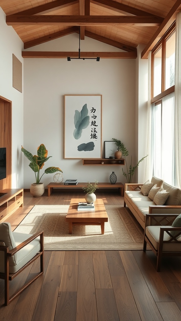 A serene, Asian-inspired small living room with wooden beams, minimalistic furniture, and natural decor.