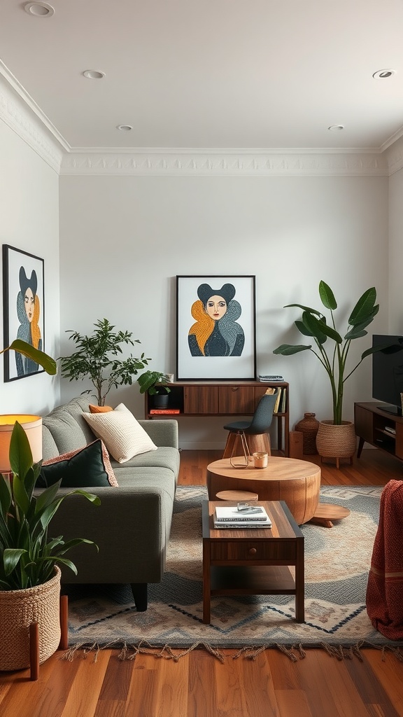 A stylish living room in a studio apartment, featuring a comfortable sofa, wooden coffee table, and vibrant artwork.