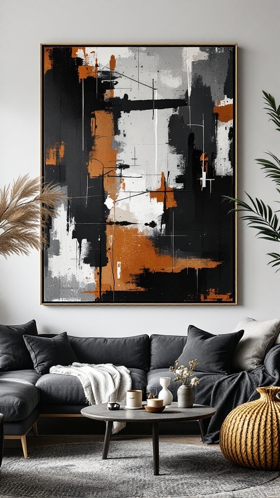 A black and rust living room featuring a large abstract art piece.