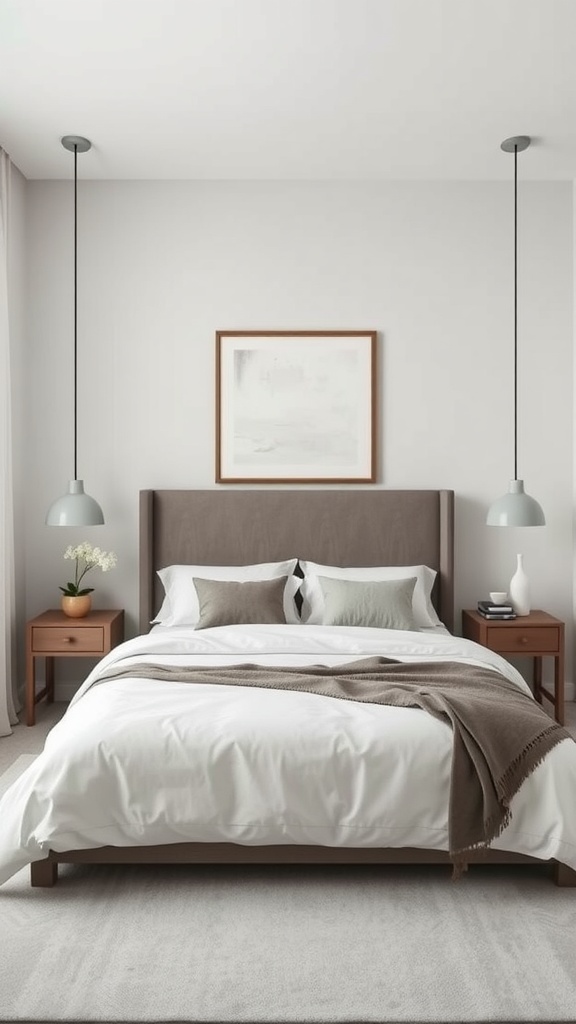 A minimal yet elegant bedroom featuring a neatly made bed, soft colors, and stylish decor.