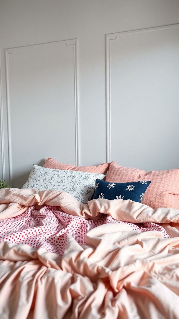 A beautifully arranged bed with a mix of patterned and solid pillows.
