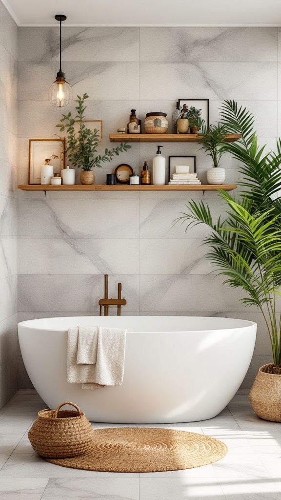 A modern bathroom featuring bamboo elements with a white bathtub and natural decor.