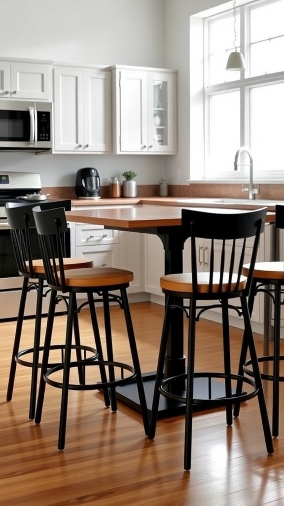 A stylish kitchen with a bar height table and stools.