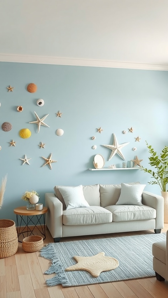 A cozy coastal living room featuring a light blue accent wall adorned with starfish and seashell decor, a comfy beige sofa, and a woven rug.