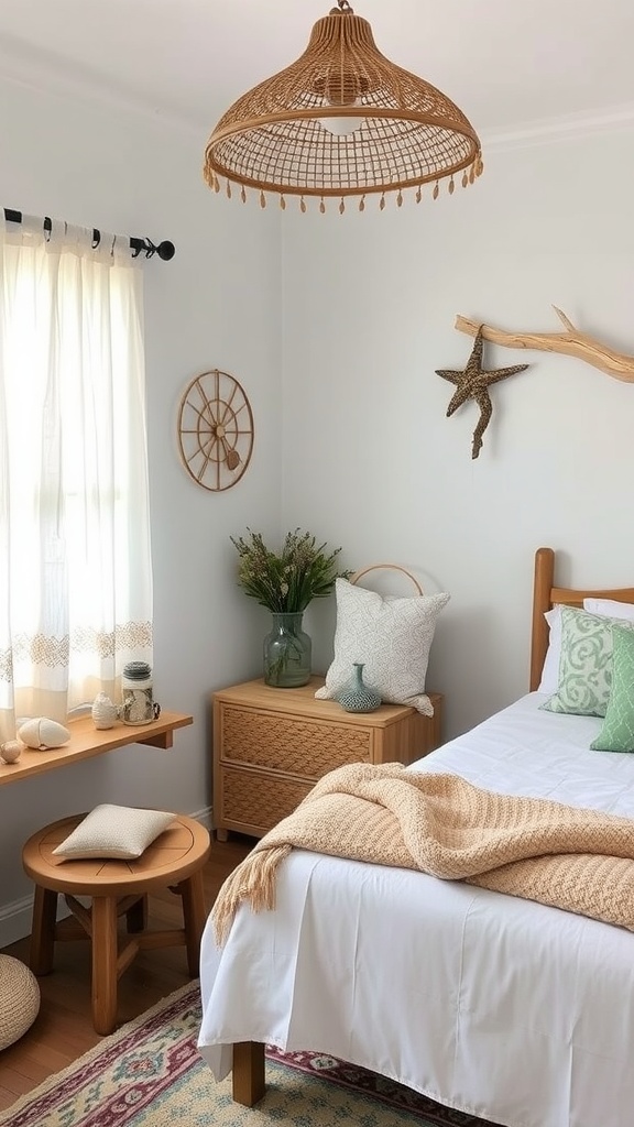 A cozy boho bedroom featuring beachy accessories such as seashells, textured pillows, and natural wood elements.