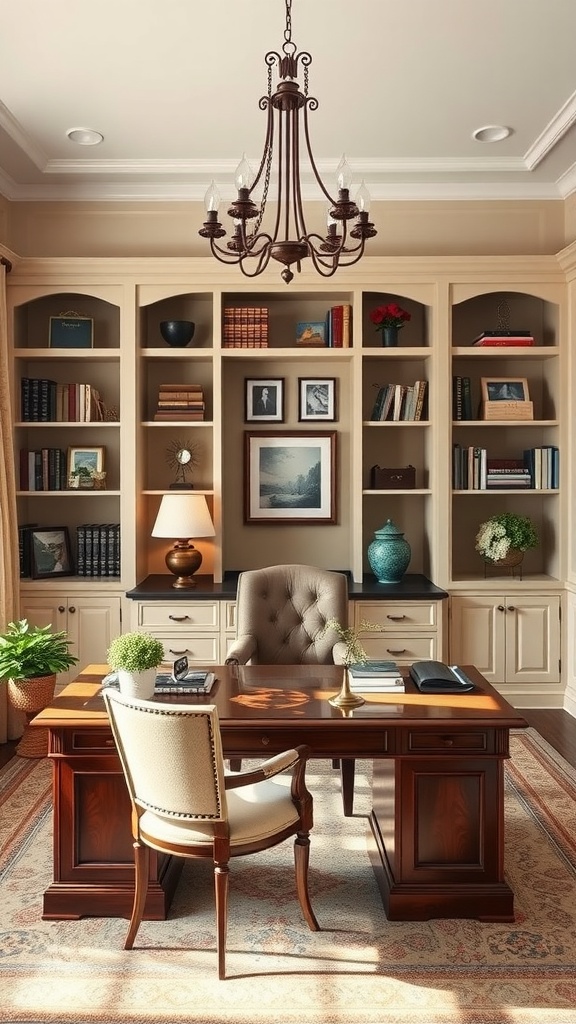 A beautifully designed home office featuring a wooden desk, comfortable chair, and elegant decor.