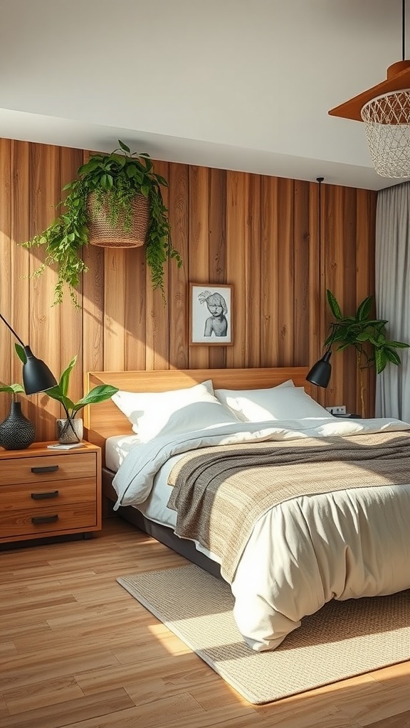 A cozy bedroom featuring wooden walls, hanging plants, and soft bedding.