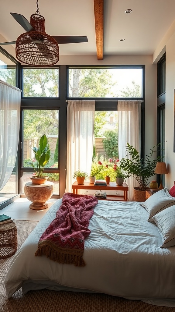 A bright bedroom with large windows, plants, and a cozy blanket.