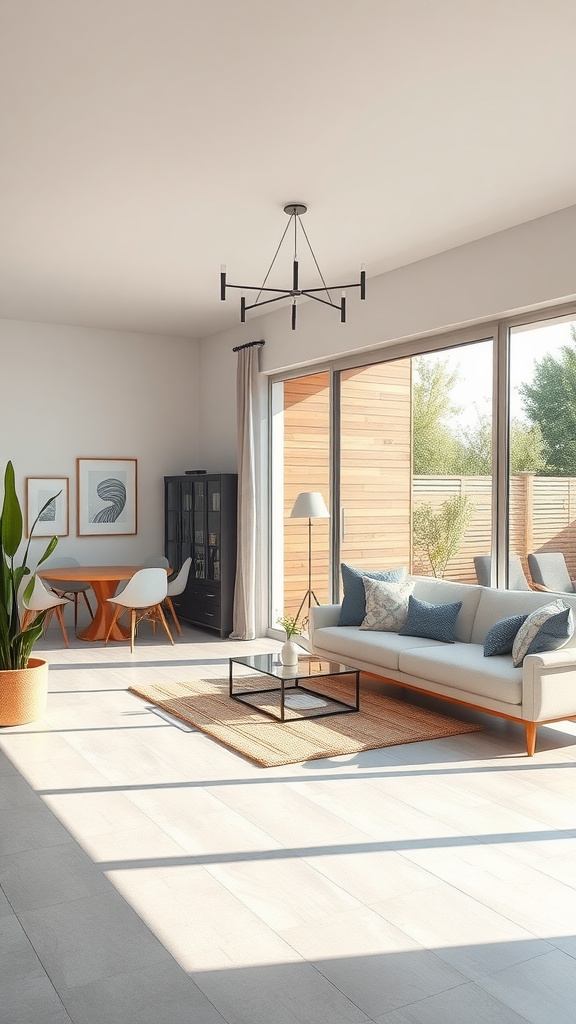 A modern living room with large windows, a cozy sofa, and a dining area, blending indoor and outdoor spaces.