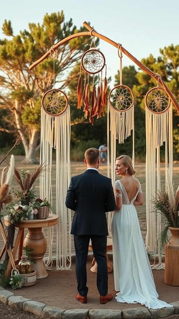 A couple standing before a beautifully decorated wedding altar featuring dreamcatchers and natural elements.