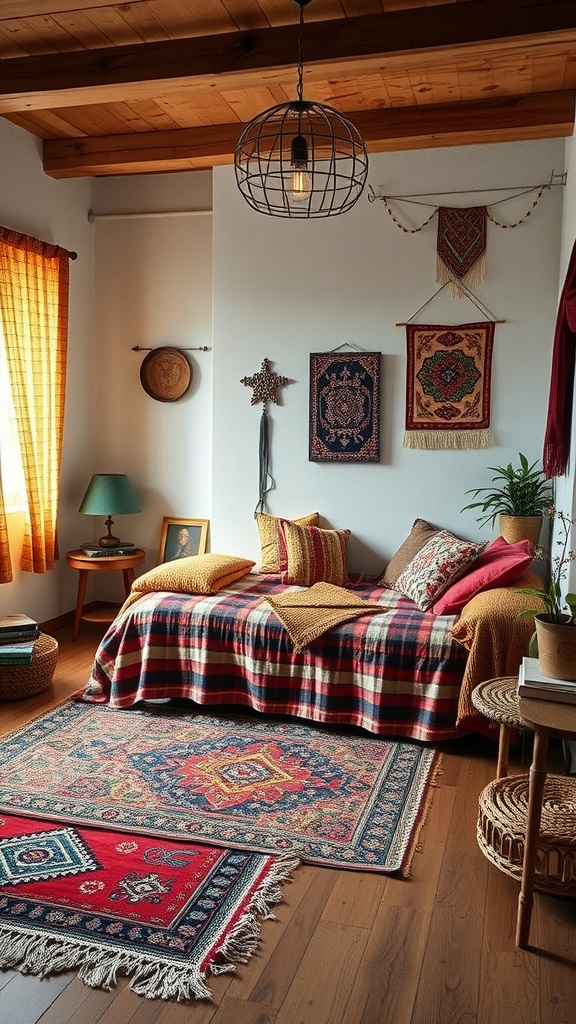 A cozy bohemian bedroom with patterned textiles and warm colors.