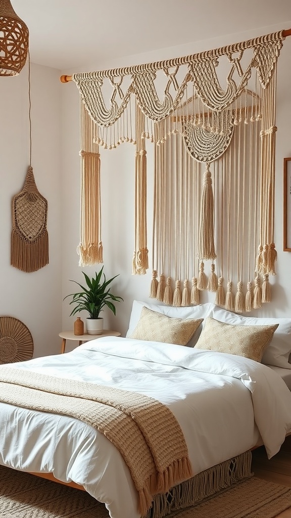 A beautifully decorated bedroom featuring macrame hangings on the wall