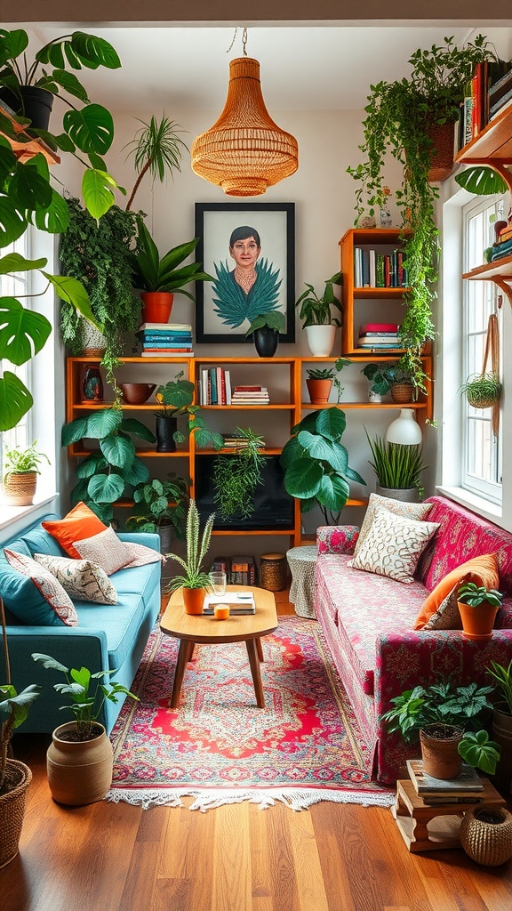 A cozy bohemian-style living room with colorful sofas, plants, and patterned decor.