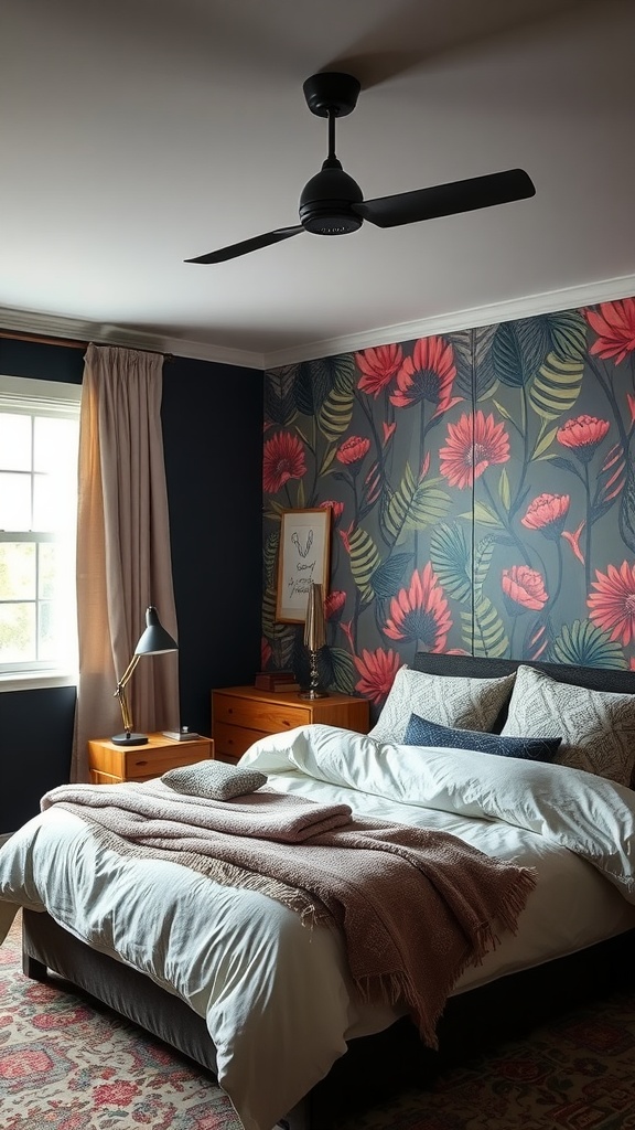 A cozy bedroom featuring a bold floral accent wall with dark tones.