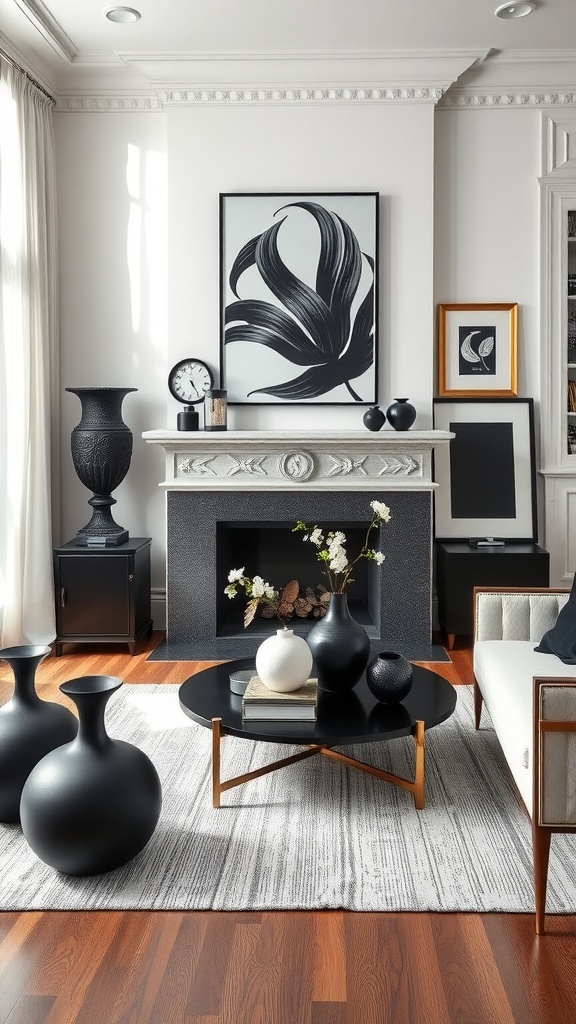 A stylish living room featuring black accents with vases and artwork.