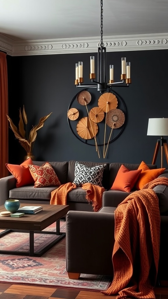 Living room with black walls and rust-colored accents, featuring a cozy couch and decorative elements.