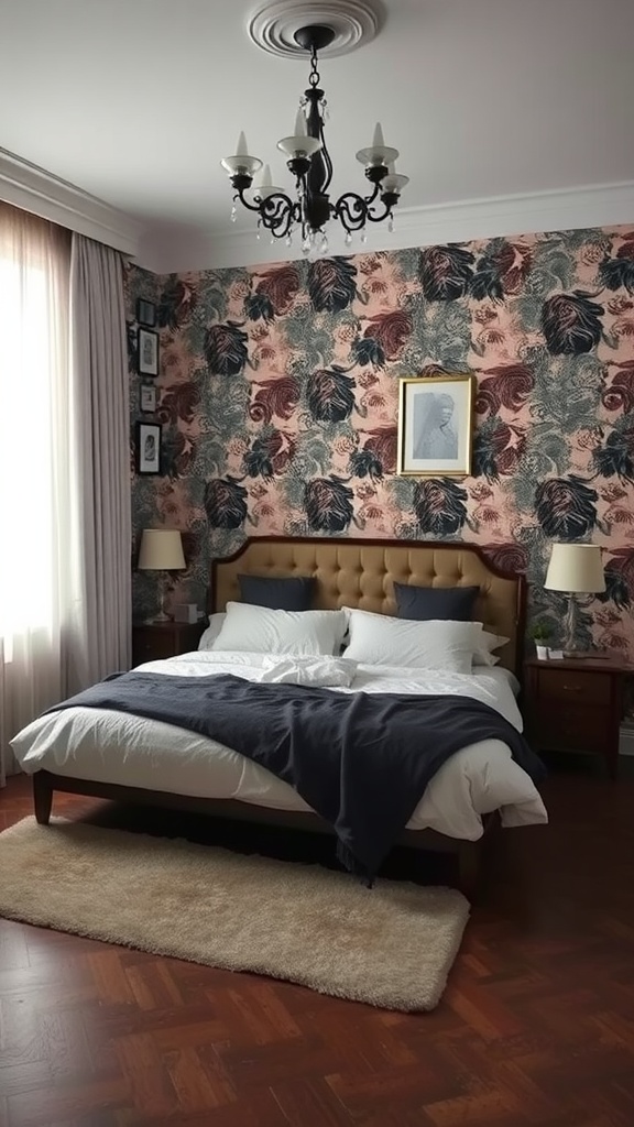 A stylish bedroom featuring bold floral wallpaper, a cozy bed, and elegant lighting.