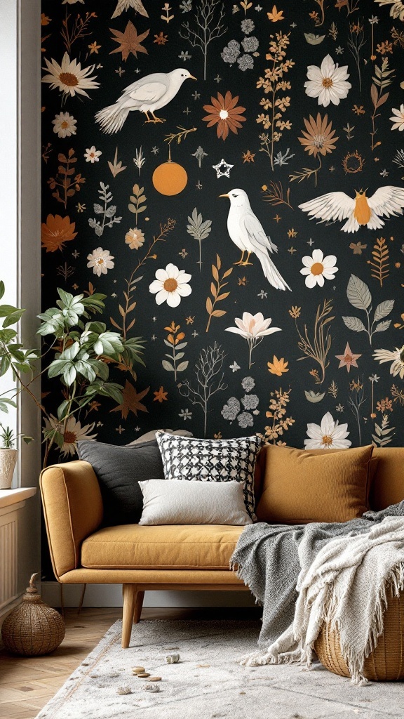 Living room with bold wallpaper featuring floral and bird patterns, complemented by a cozy couch and decorative pillows.