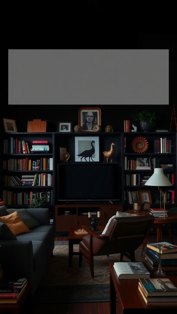 Dark boho living room with books and curiosities