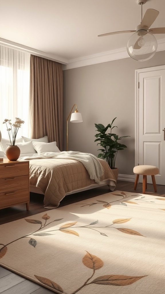 A cozy bedroom featuring a botanical-inspired rug with leaf designs.