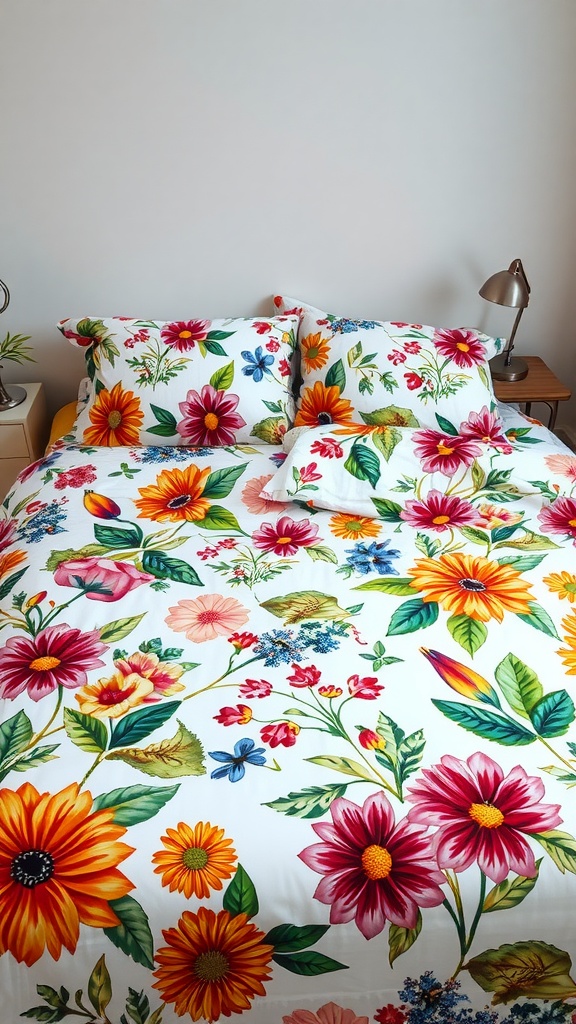 A vibrant botanical-themed bedspread featuring colorful flowers and greenery.
