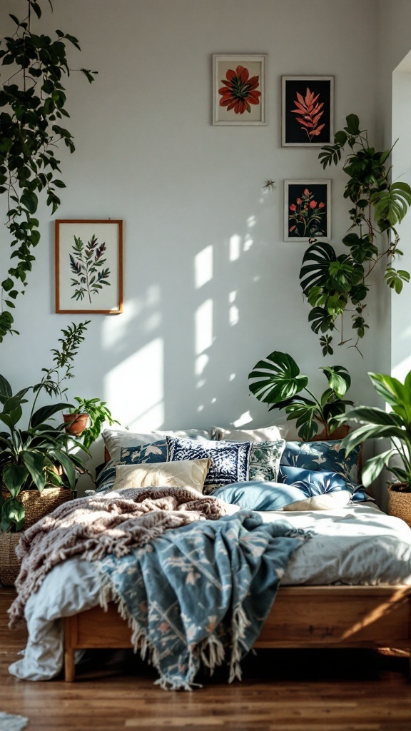 A boho farmhouse bedroom with botanical prints on the wall and greenery around the bed.