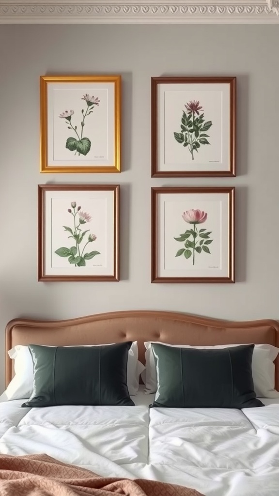 A collection of botanical wall art prints in elegant frames displayed above a bed with green pillows.