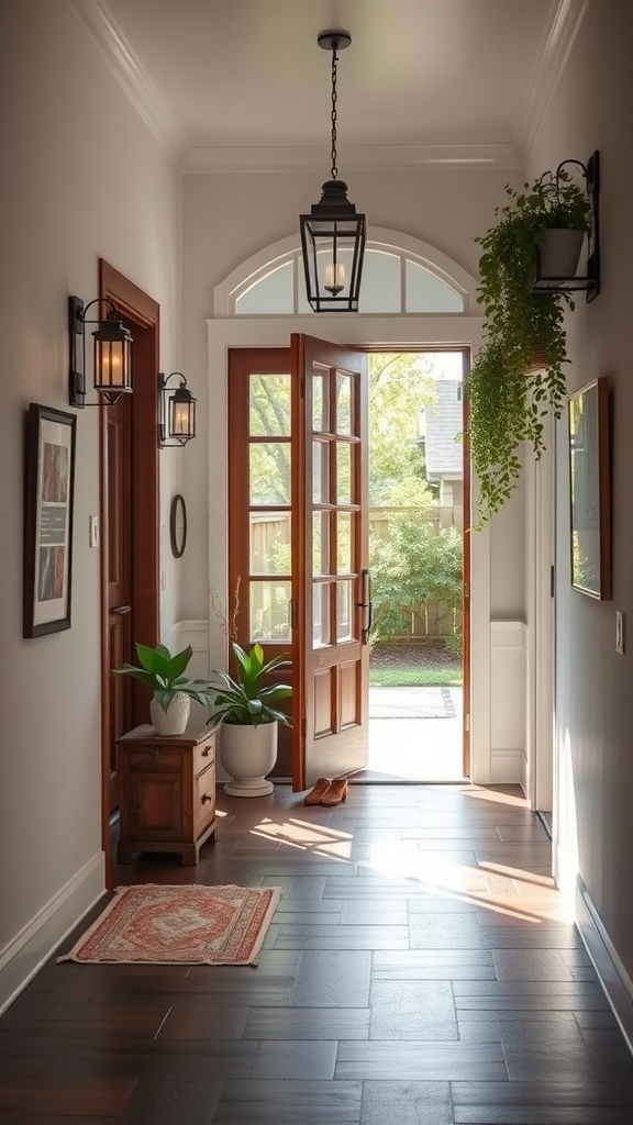 A minimalist entryway with open doors leading to an outdoor space, featuring plants and wood accents.