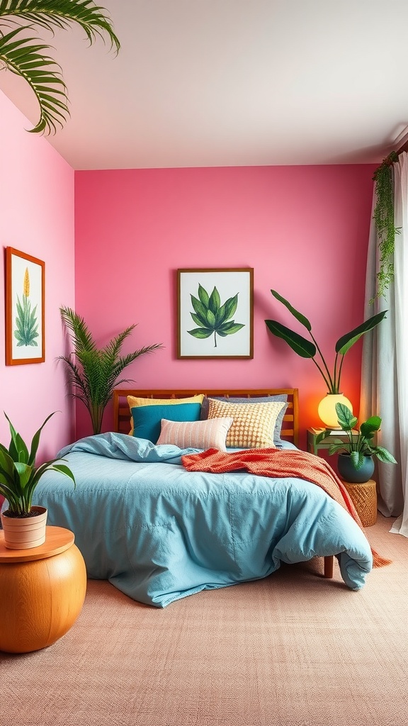 A boho farmhouse bedroom with pink walls, plants, and bright bedding.