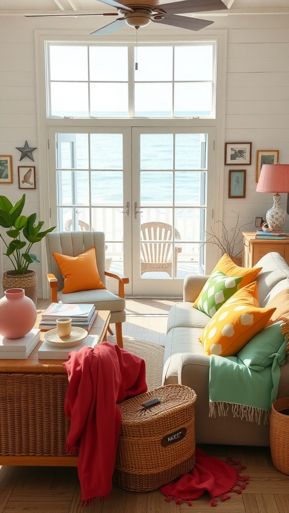A bright and cozy coastal cottage living room with colorful pillows, a soft throw, and beautiful ocean views.