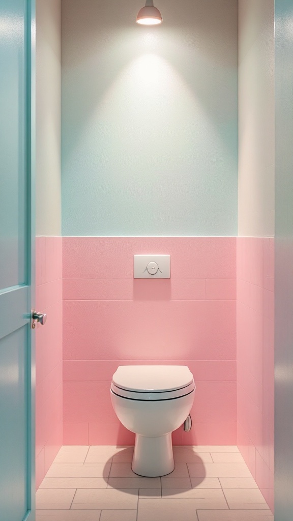 A small downstairs toilet with light blue and pastel pink walls, featuring a white toilet and light fixture.