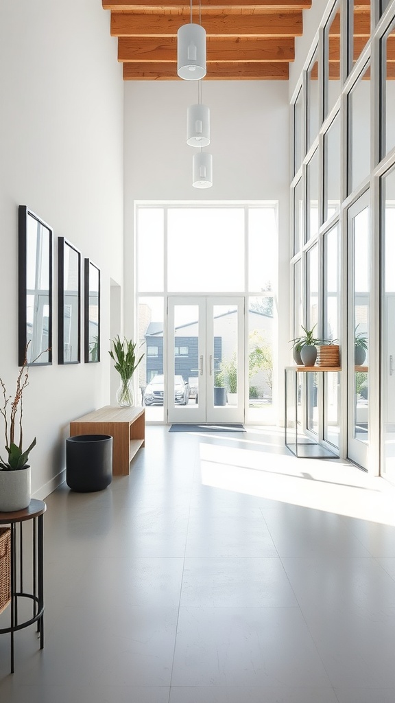 Bright entryway with large windows and minimalist decor.