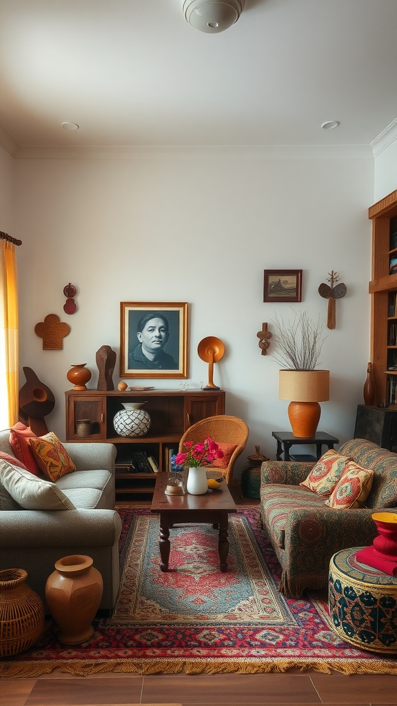 A cozy living room showcasing cultural decor with patterned cushions, pottery, and artwork.