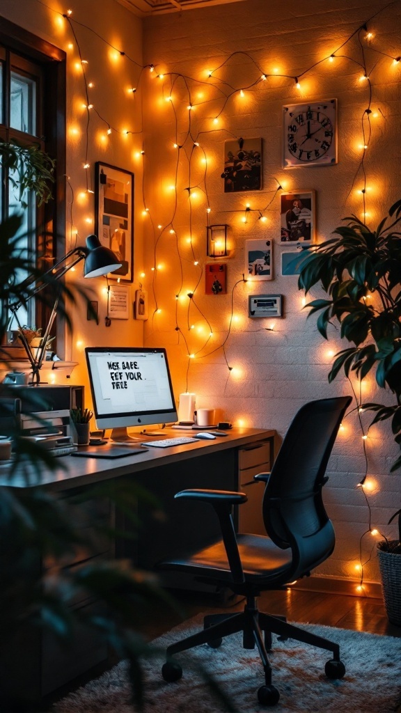A cozy office space with fairy lights adorning the walls and desk, creating a warm atmosphere.