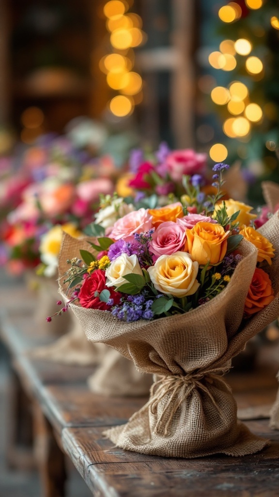 Burlap wrapped flower bouquets with colorful roses and fairy lights in a rustic setting.