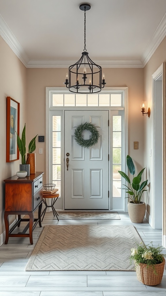 A minimalist entryway featuring a neutral color palette with plants and a wooden console.