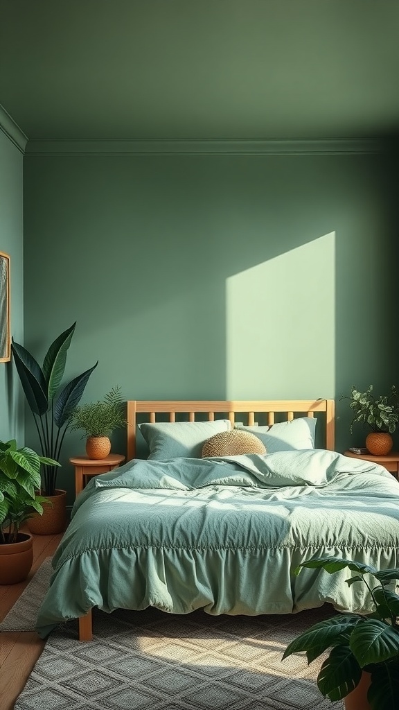 A serene bedroom featuring a calming green color palette with plants.