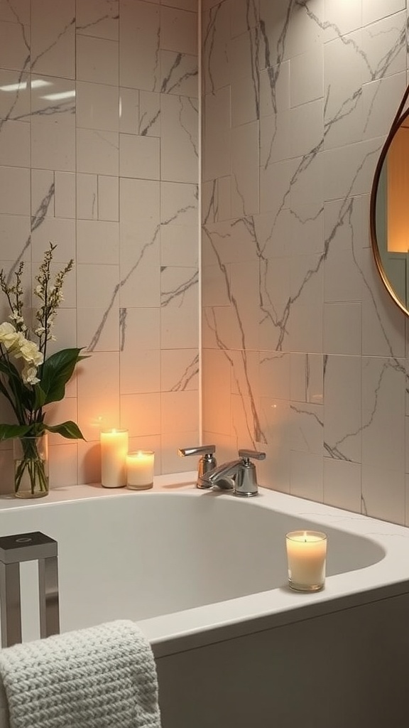 A cozy bathroom with a bathtub surrounded by candles and plants.
