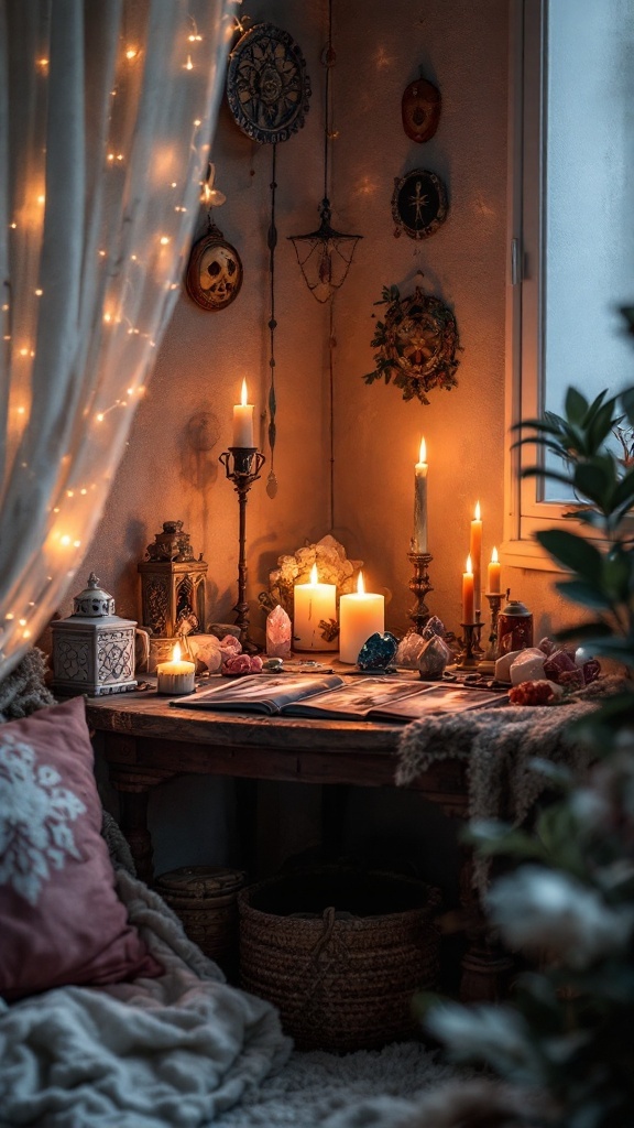 A cozy candlelit altar space with candles, crystals, and decorative items.