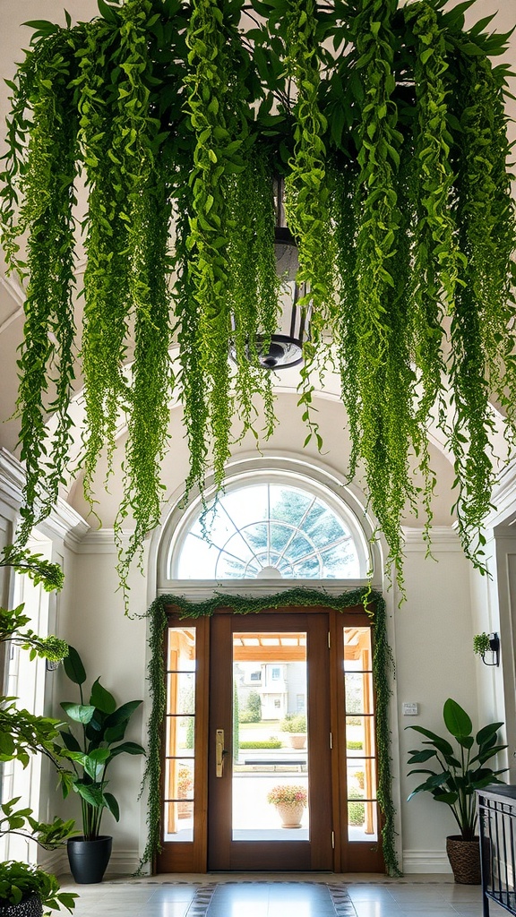 Entryway featuring cascading greenery from the ceiling with a warm wooden door.