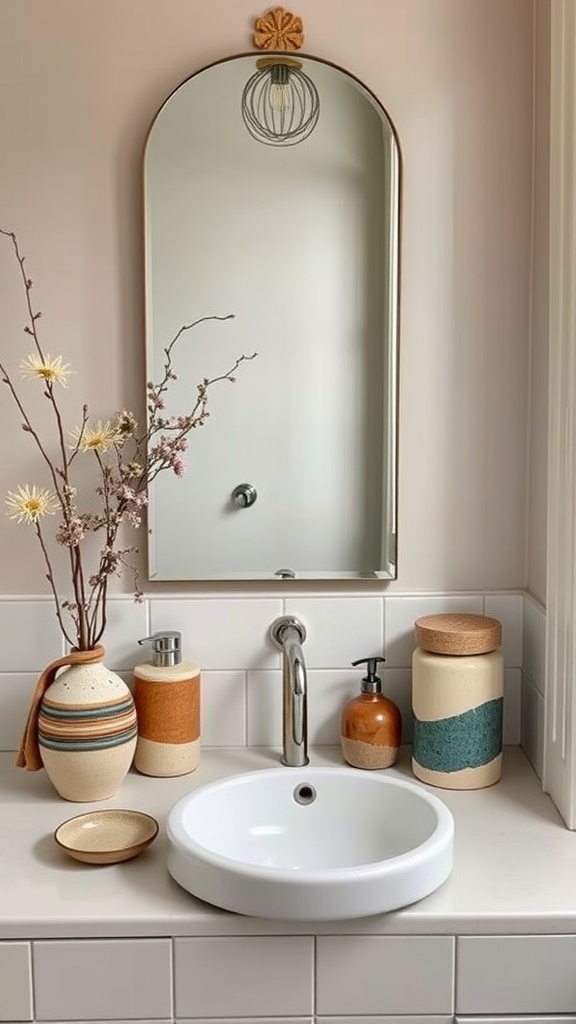 A stylish bathroom showcase featuring various ceramic pottery pieces, a round sink, and a modern mirror.