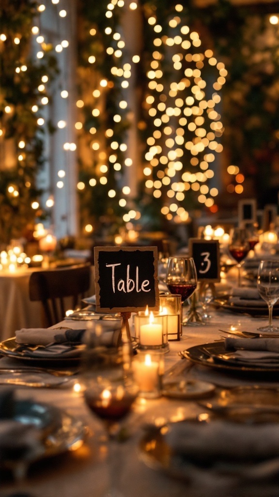 Chalkboard table numbers illuminated by fairy lights at a rustic wedding reception.