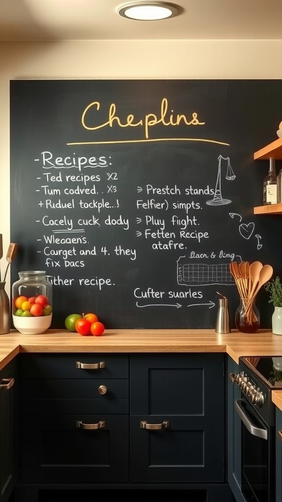A kitchen with a chalkboard wall displaying recipes and notes.