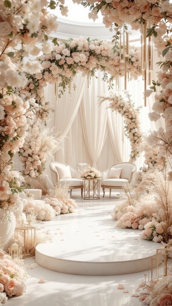 A wedding setup featuring champagne and blush flowers with elegant decor.