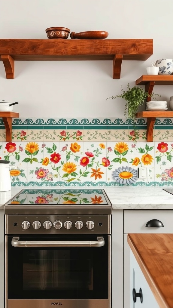 Colorful floral backsplash in a cozy cottage kitchen.