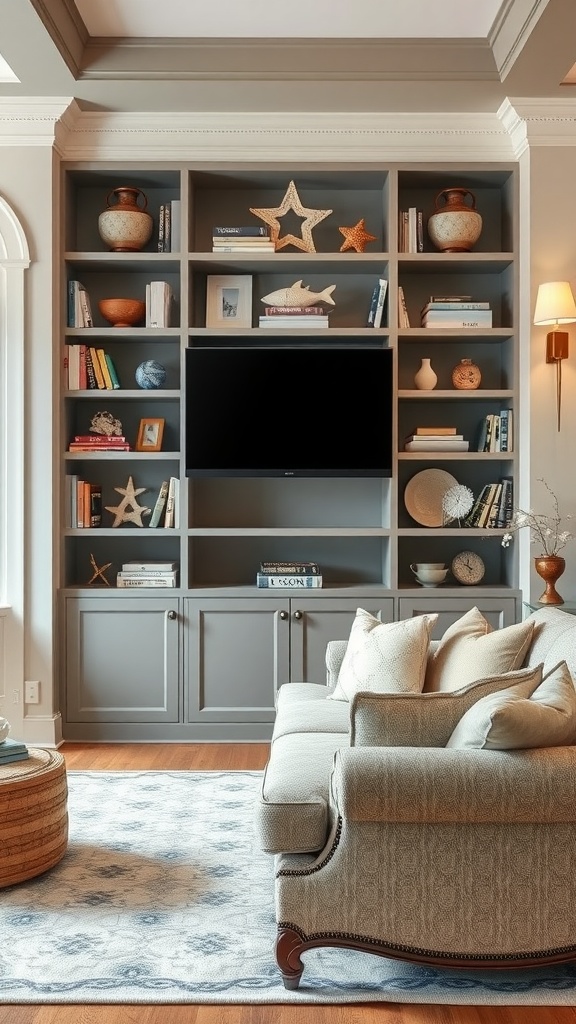 Built-in shelves in a coastal cottage living room displaying books and decorative items.