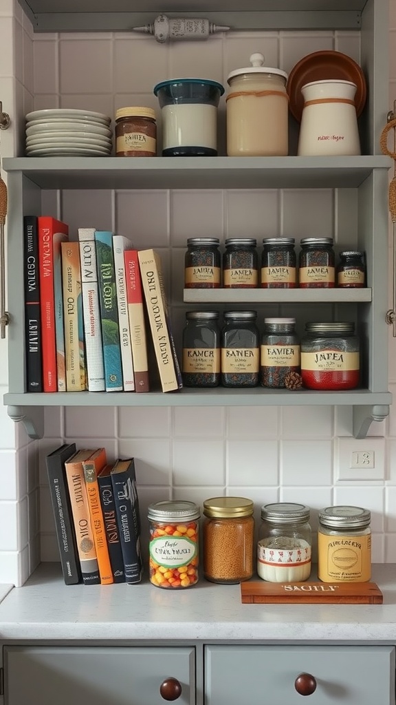 A cozy kitchen shelf displaying cookbooks and jars.