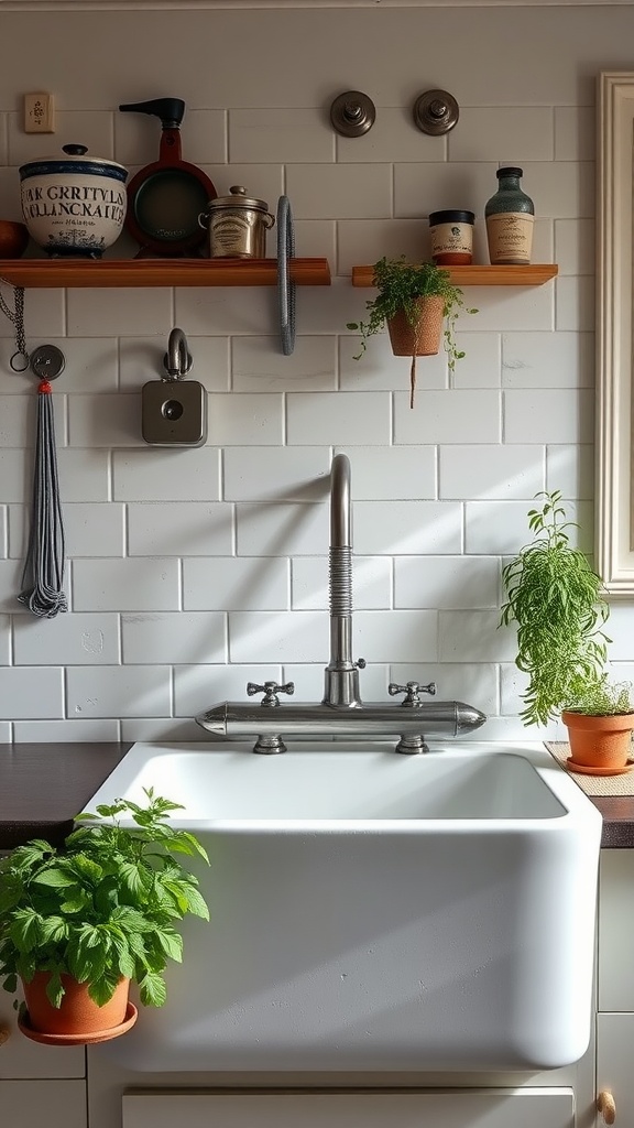 Farmhouse sink with vintage fixtures and plants on the counter