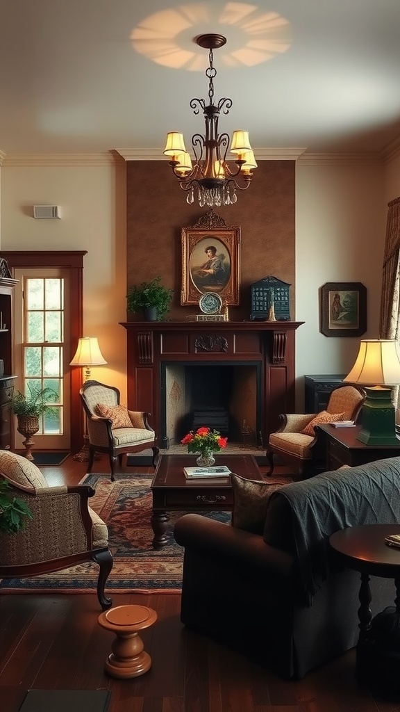 Cozy living room featuring antique furniture and warm lighting.