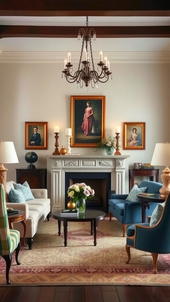 Elegant Colonial living room with accent pieces such as a chandelier, vintage portraits, and cozy seating.